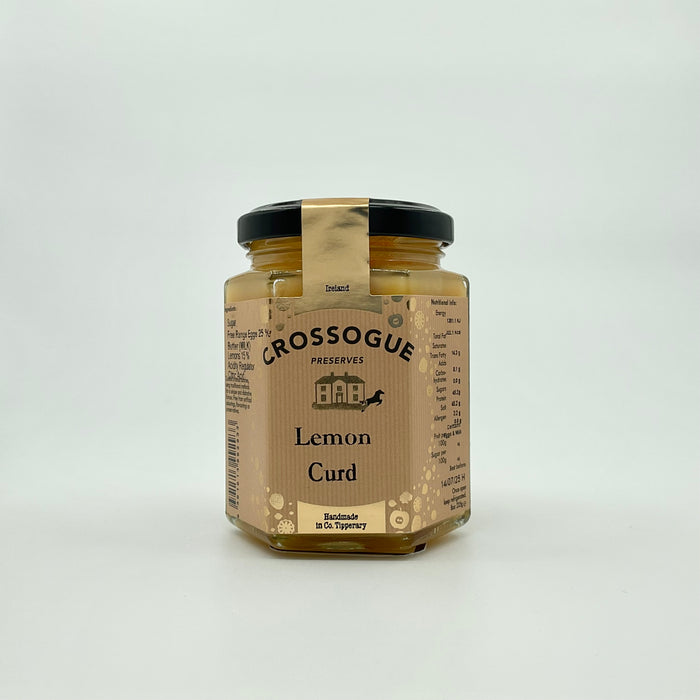 A jar of Crossogue Lemon Curd with a label that includes the product name and a brief description, set against a white background.