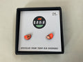 A pair of orange earrings made from upcycled vinyl records, presented in a black box with the Dana Jewellery logo.