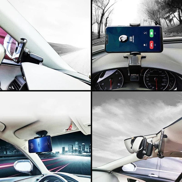 9eight5 dashboard hood phone holder attached to a vehicle dashboard, secure accessory for holding smartphones or tablets.