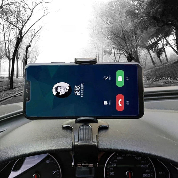9eight5 dashboard hood phone holder attached to car dashboard, designed for secure holding of phones and tablets.