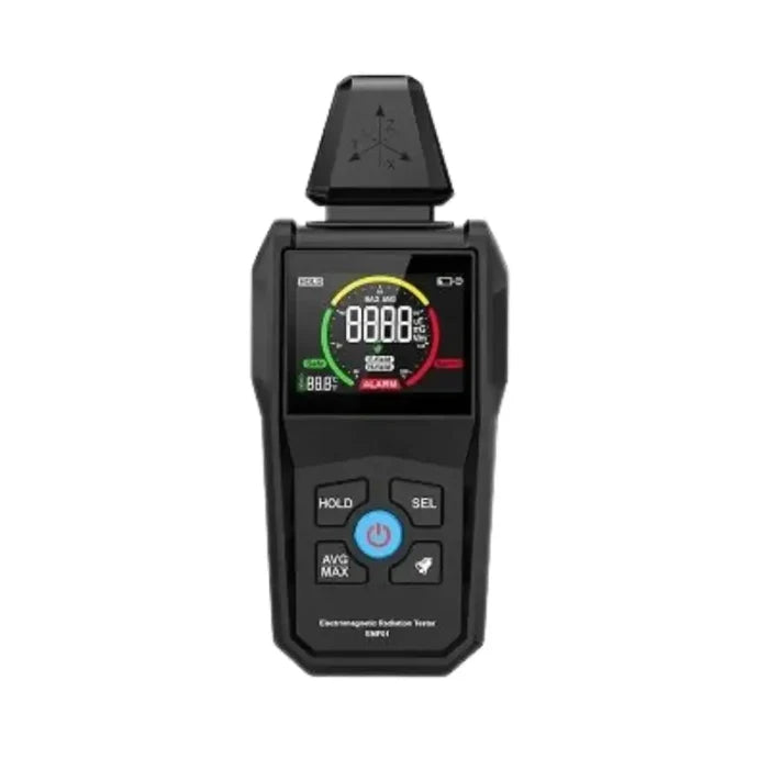 Habicare HBC Digital EMF Meter showing a digital display and measurement buttons for detecting electromagnetic fields.
