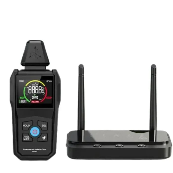 Habicare HBC Digital EMF Meter showing a digital screen and measurement buttons, used for detecting electromagnetic fields.