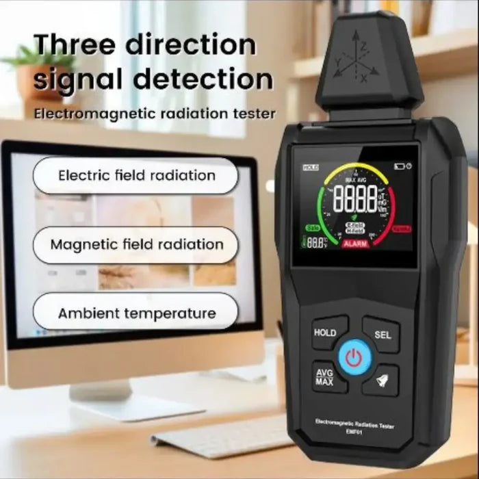 Habicare HBC digital EMF meter showing a digital display measuring electromagnetic fields in a modern handheld device