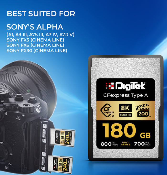 Digitek (DCFA 240GB Gold Series) CFexpress Type A Memory Card – 800MB/s Read, 700MB/s Write, 8K Ultra HD Support, Nytro Boost, Perfect Frame, 5-Year Warranty, For High Speed 8K Videography