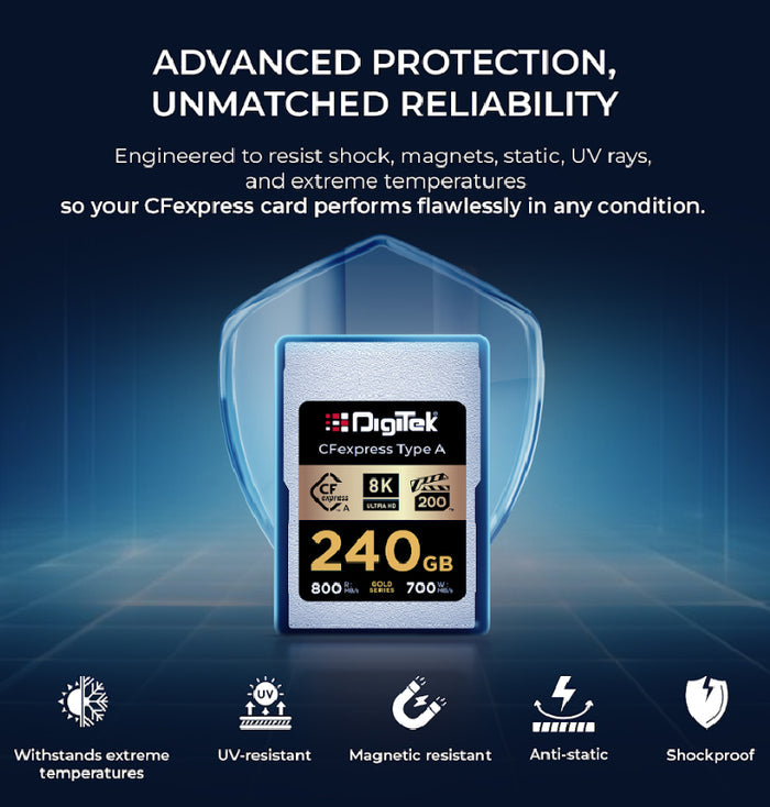 Digitek (DCFA 240GB Gold Series) CFexpress Type A Memory Card – 800MB/s Read, 700MB/s Write, 8K Ultra HD Support, Nytro Boost, Perfect Frame, 5-Year Warranty, For High Speed 8K Videography