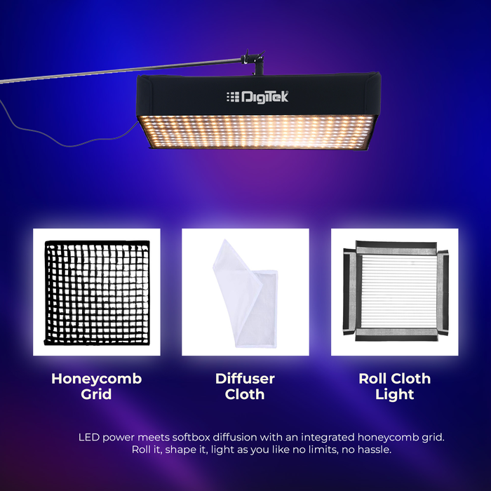 Digitek (DFFL 6060) 200W Bi-Color Flexible Fabric LED Light with Remote & App Control, 768 LEDs, 2700K–6500K±200K, 5–100% Dimming, 120° Beam Angle, 18000LM, Includes X Bracket, Diffuser, Honeycomb Grid & Accessories, Ideal for Photo & Videography