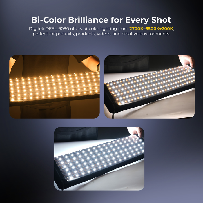 Digitek (DFFL 6090) 200W Bi-Color Flexible Fabric LED Video Light with Remote & App Control, 1536 LEDs, 2700K–6500K±200K, 0–100% Dimming, 120° Beam Angle, 18000LM, Includes X Bracket, Diffuser, Honeycomb Grid & Accessories, for Photo & Videography