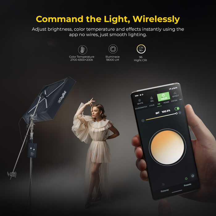 Digitek (DFFL 6090) 200W Bi-Color Flexible Fabric LED Video Light with Remote & App Control, 1536 LEDs, 2700K–6500K±200K, 0–100% Dimming, 120° Beam Angle, 18000LM, Includes X Bracket, Diffuser, Honeycomb Grid & Accessories, for Photo & Videography