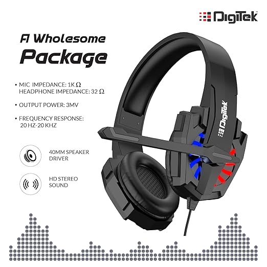 Digitek (DHM 002) Wired Stereo Headphone for Game Enthusiasts, Work from Home, e-Learning, Tele Calling, Video Conferencing & On Line Classes with LED & MIC