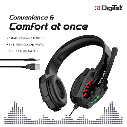 Digitek (DHM 002) Wired Stereo Headphone for Game Enthusiasts, Work from Home, e-Learning, Tele Calling, Video Conferencing & On Line Classes with LED & MIC