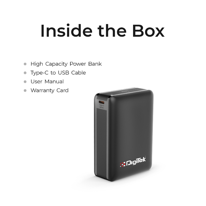Digitek (DPB 20000 PD QC) High Capacity Superfast Power Bank with 22.5 Watt PD / QC charging with Type C Port (20000 mAh) with Black
