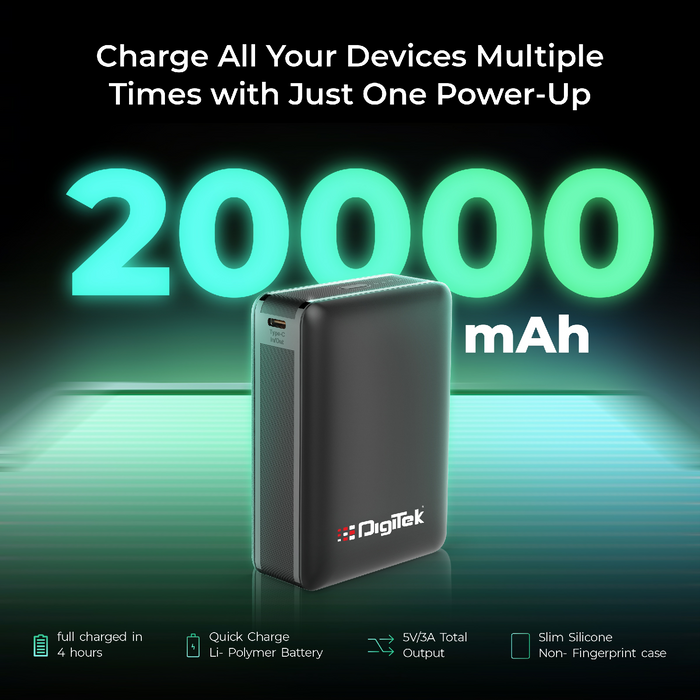Digitek (DPB 20000 PD QC) High Capacity Superfast Power Bank with 22.5 Watt PD / QC charging with Type C Port (20000 mAh) with Black