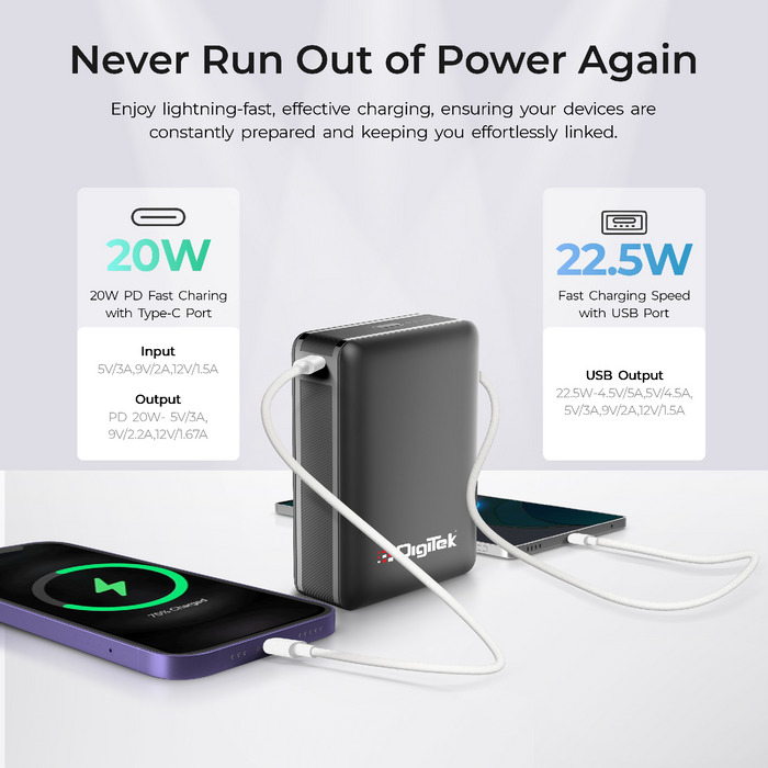 Digitek (DPB 20000 PD QC) High Capacity Superfast Power Bank with 22.5 Watt PD / QC charging with Type C Port (20000 mAh) with Blue