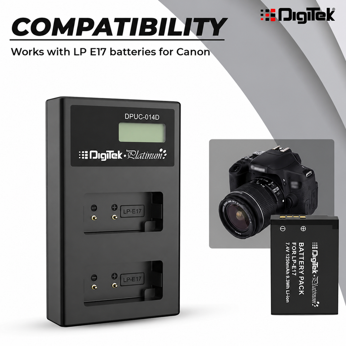 Digitek (DPUC 014 D E17) Platinum Dual Port Li-ion LCD Battery Charger with 2 Nos of 1250mAh Capacity LP E17 Li-ion Battery Combo Pack