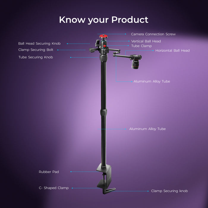 Digitek (DTMHA 001 )Table Mount with Auxiliary Holding Arm for Stream, Overhead Video, Desktop, Bedroom, Bedhead, Office