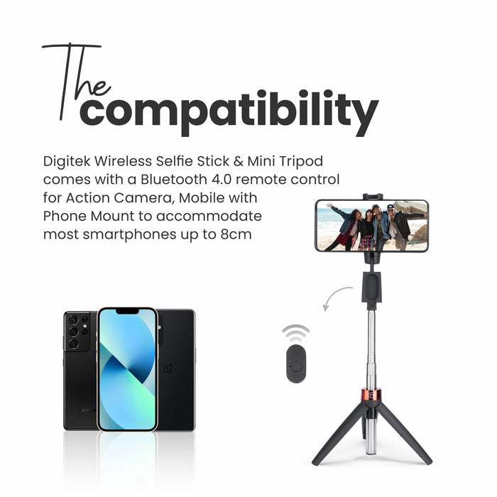 Digitek (DTR-210SS) Portable Selfie Stick with Wireless Remote and 3 Legs Tripod Base, Compatible for iPhone/OnePlus/Samsung/Vivo/Oppo and All Smartphones - Digitek