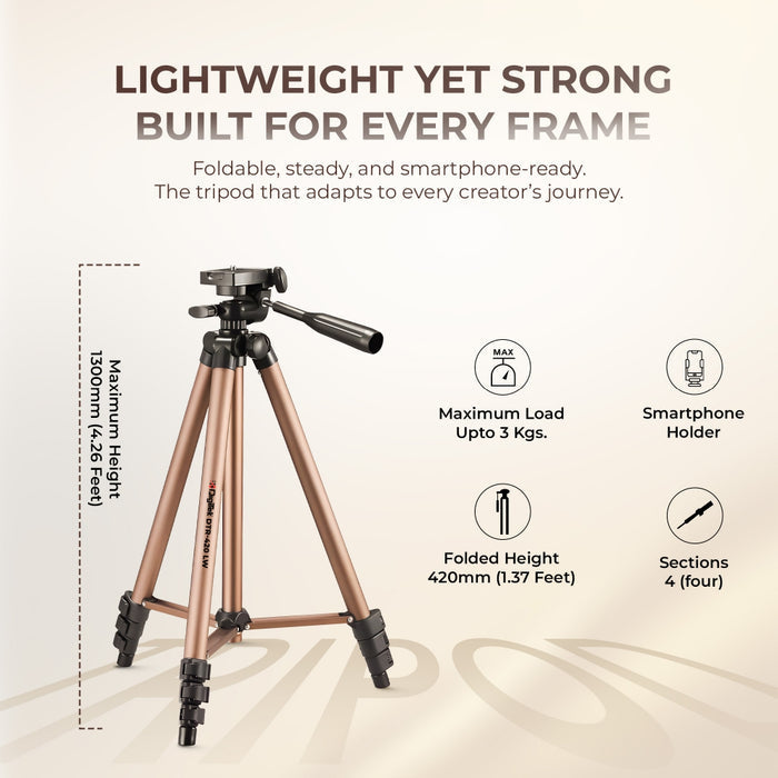 Digitek (DTR 420LW) Tripod for Camera & Smartphone with Holder – 4.26ft Max Height, 3Kg Load, 4-Section Legs, 3-Way Head, Quick Release Plate - Ideal for Photography & Videography