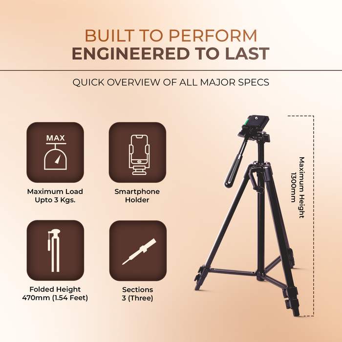 Digitek (DTR 425 LW) Portable Tripod Stand with Smartphone Holder, 4.26ft Height, Pan & Multipurpose Quick Release Head, Rubberised Legs, 3kg Load Capacity, Ideal for DSLR Camera & Mobile Photography