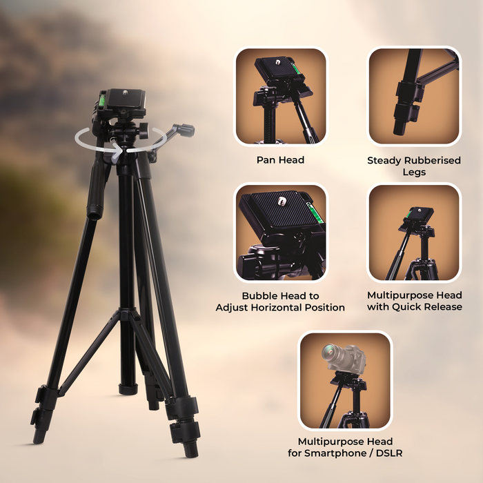 Digitek (DTR 425 LW) Portable Tripod Stand with Smartphone Holder, 4.26ft Height, Pan & Multipurpose Quick Release Head, Rubberised Legs, 3kg Load Capacity, Ideal for DSLR Camera & Mobile Photography