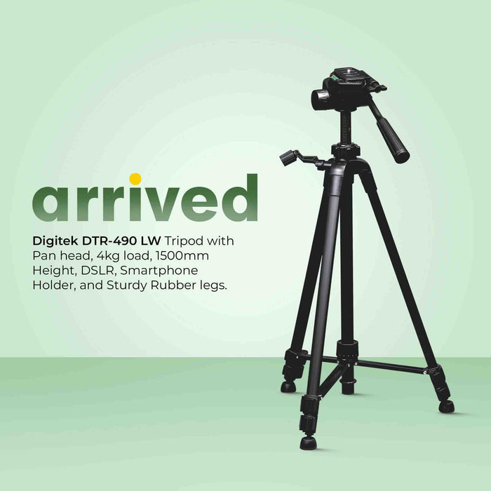 Digitek (DTR 490 LW) Foldable Tripod Stand with Smartphone Holder, Pan Head & Quick Release Plate, 4.92ft Max Height, 4kg Load, Rubberised Legs, 3-Section Adjustable for DSLR & Smartphones