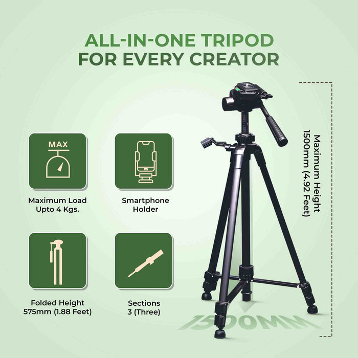 Digitek (DTR 490 LW) Foldable Tripod Stand with Smartphone Holder, Pan Head & Quick Release Plate, 4.92ft Max Height, 4kg Load, Rubberised Legs, 3-Section Adjustable for DSLR & Smartphones