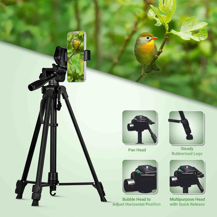 Digitek (DTR 490 LW) Foldable Tripod Stand with Smartphone Holder, Pan Head & Quick Release Plate, 4.92ft Max Height, 4kg Load, Rubberised Legs, 3-Section Adjustable for DSLR & Smartphones