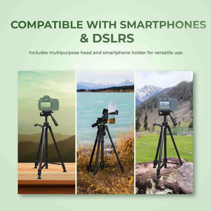 Digitek (DTR 490 LW) Foldable Tripod Stand with Smartphone Holder, Pan Head & Quick Release Plate, 4.92ft Max Height, 4kg Load, Rubberised Legs, 3-Section Adjustable for DSLR & Smartphones