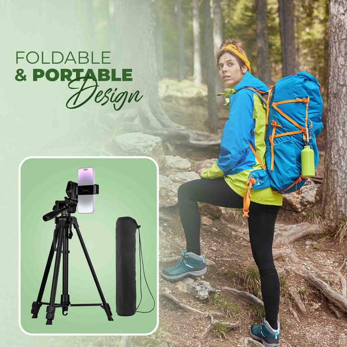 Digitek (DTR 490 LW) Foldable Tripod Stand with Smartphone Holder, Pan Head & Quick Release Plate, 4.92ft Max Height, 4kg Load, Rubberised Legs, 3-Section Adjustable for DSLR & Smartphones