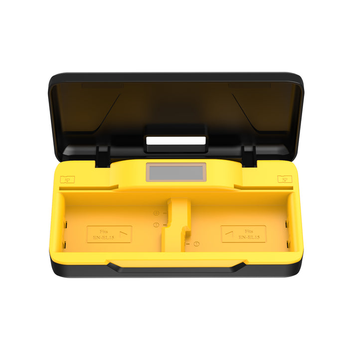 Digitek (DUC 022 ENEL 15) Dual Battery Charger for ENEL15 Batteries & SD Card Holder with Power Bank Function, USB-A Output, LCD Display, Protective Case & Intuitive Operation