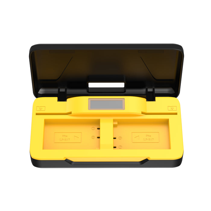 Digitek (DUC 022 LP E17) Dual Battery Charger for LP-E17 Batteries & SD Card Holder with Power Bank Function, USB-A Output, LCD Display, Protective Case & Intuitive Operation