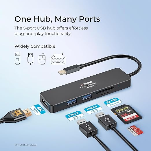 Digitek (DUH 005)USB Hub 5 in 1, 3 USB Port 2.0 & 2 TF & SD Slots Data Transfer Upto 480Mbps Compatible for MacBook, DELL, Computers & Other laptops, Black