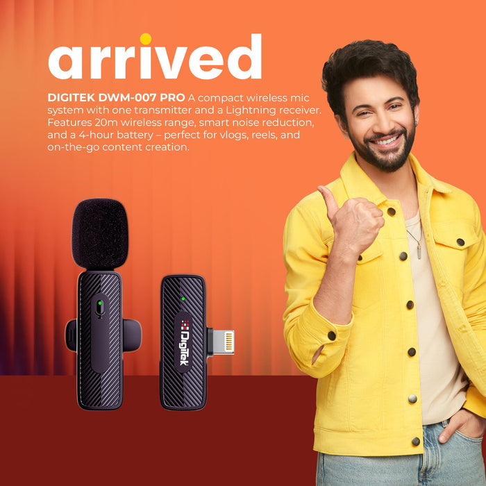 Digitek (DWM 007 PRO) Wireless Microphone & Receiver with Lightning Connector, 2.4GHz Frequency, 4Hr Battery, 20m Range, Compatible with iPhone & iPad, For Voice Recording, Interview & Live Streaming, for iPhone X/11/12/13/14 Series