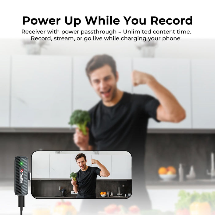 Digitek (DWM 007 PRO) Wireless Microphone & Receiver with Lightning Connector, 2.4GHz Frequency, 4Hr Battery, 20m Range, Compatible with iPhone & iPad, For Voice Recording, Interview & Live Streaming, for iPhone X/11/12/13/14 Series