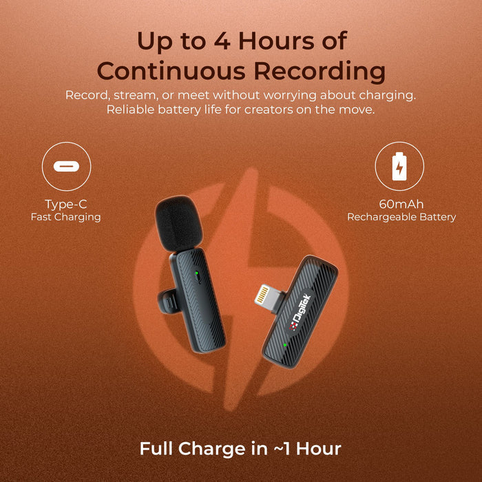 Digitek (DWM 007 PRO) Wireless Microphone & Receiver with Lightning Connector, 2.4GHz Frequency, 4Hr Battery, 20m Range, Compatible with iPhone & iPad, For Voice Recording, Interview & Live Streaming, for iPhone X/11/12/13/14 Series