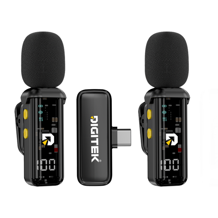 Digitek DWM-015 2-in-1 Wireless Microphone for iPhone 15 Series & USB-C Android Devices, Dual Transmitters, 2.4GHz Plug & Play Lavalier Mic, Noise Reduction, Echo Mode, 20m Range, 4H Battery Life