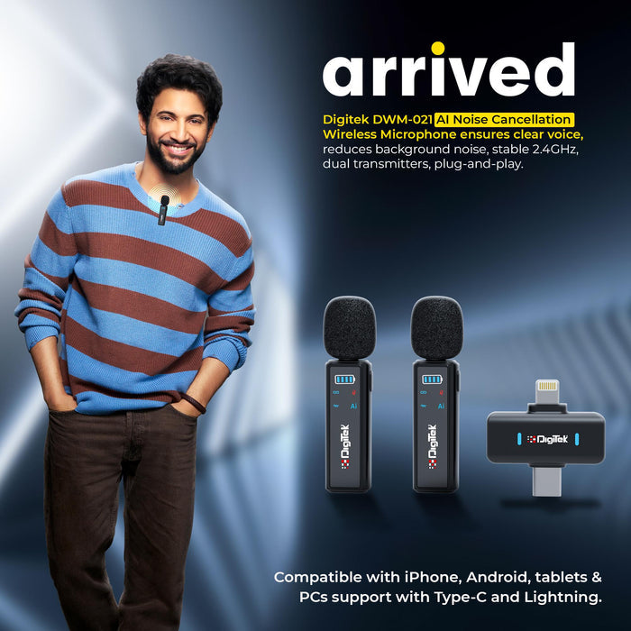 Digitek DWM 021 Wireless Microphone System with AI Noise Cancellation for Android & iPhone