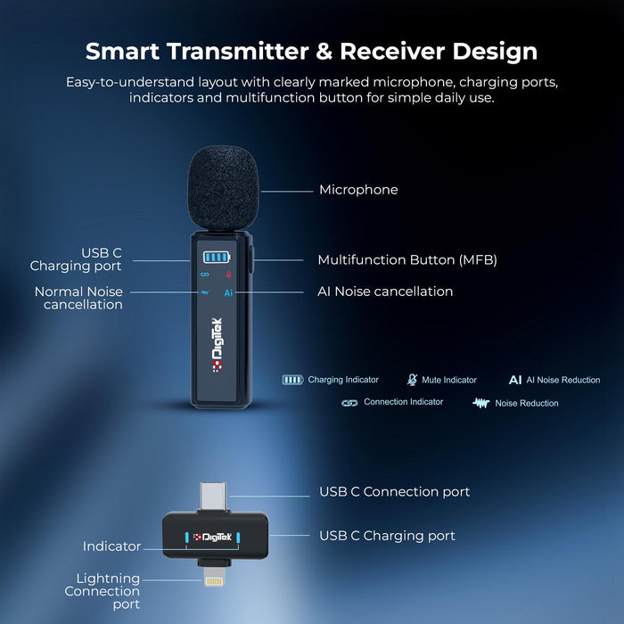 Digitek DWM 021 Wireless Microphone System with AI Noise Cancellation for Android & iPhone