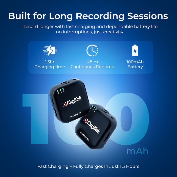 Digitek (DWM 101 Mini) 2-in-1 Wireless Microphone, 2.4G Mic for iOS/Android, DSLR, PC/Laptop, 80m Range, TF Card Recording, 4.5hr Battery,  Real-Time Monitoring, Ideal for Vlogging, Streaming, Meetings