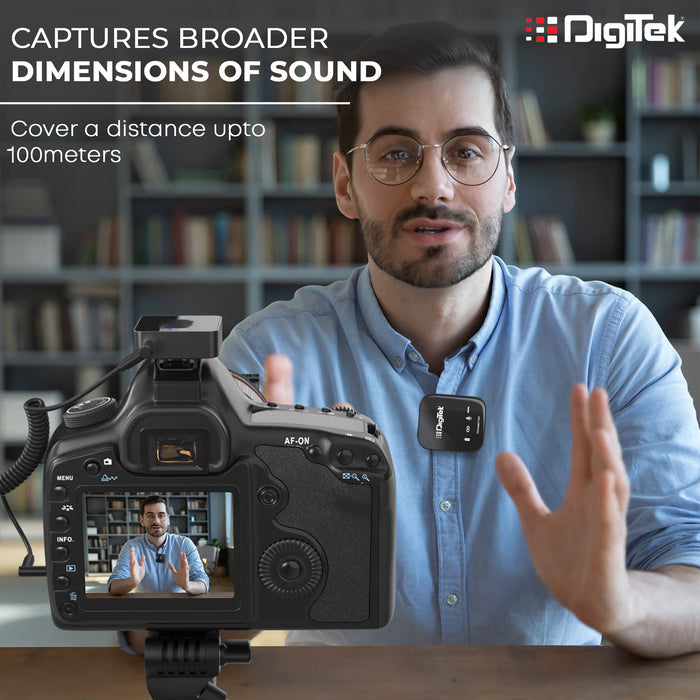 Digitek (DWM 101) Wireless Microphone System with ANC Noise Reduction, 360° Sound Capture, 100M Range, Upto 12 Hrs Working Time, for DSLR Camera, Android & iOS Smartphones, Seamless Audio Recording