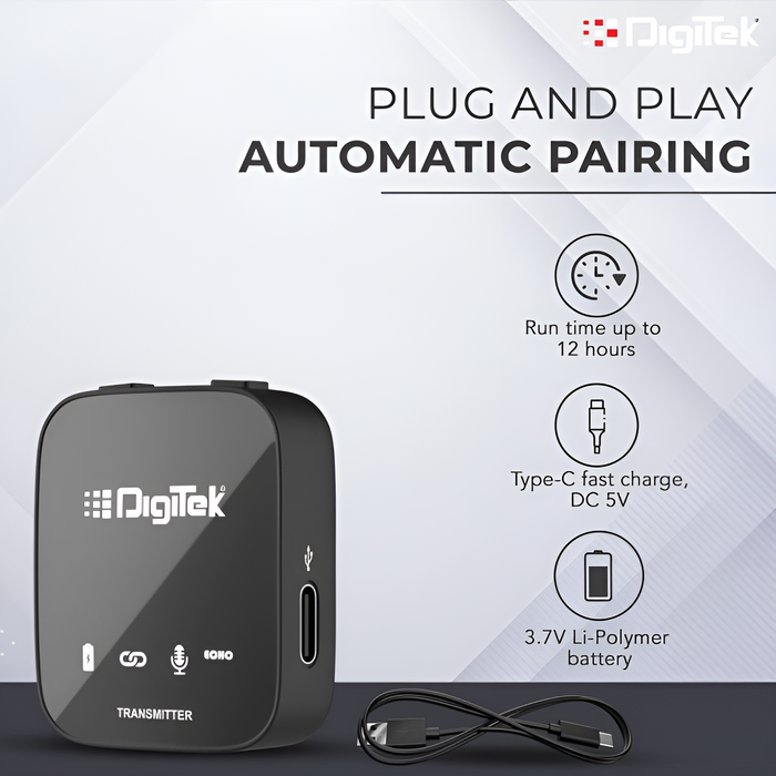 Digitek (DWM 101) Wireless Microphone System with ANC Noise Reduction, 360° Sound Capture, 100M Range, Upto 12 Hrs Working Time, for DSLR Camera, Android & iOS Smartphones, Seamless Audio Recording