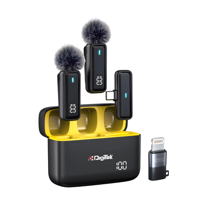 Digitek (DWM 105) 2 in 1 Wireless Microphone System with ANC Mode, 50m Wireless Range, 6-Hour Working Time, Plug & Play Auto Pairing, Compatible with Android & iOS for Broadcasting & Audio Recording