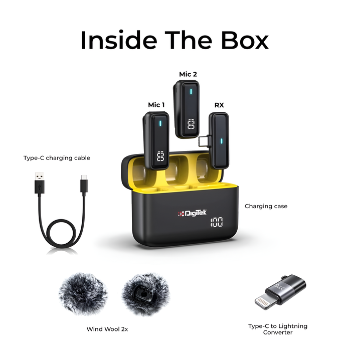 Digitek (DWM 105) 2 in 1 Wireless Microphone System with ANC Mode, 50m Wireless Range, 6-Hour Working Time, Plug & Play Auto Pairing, Compatible with Android & iOS for Broadcasting & Audio Recording