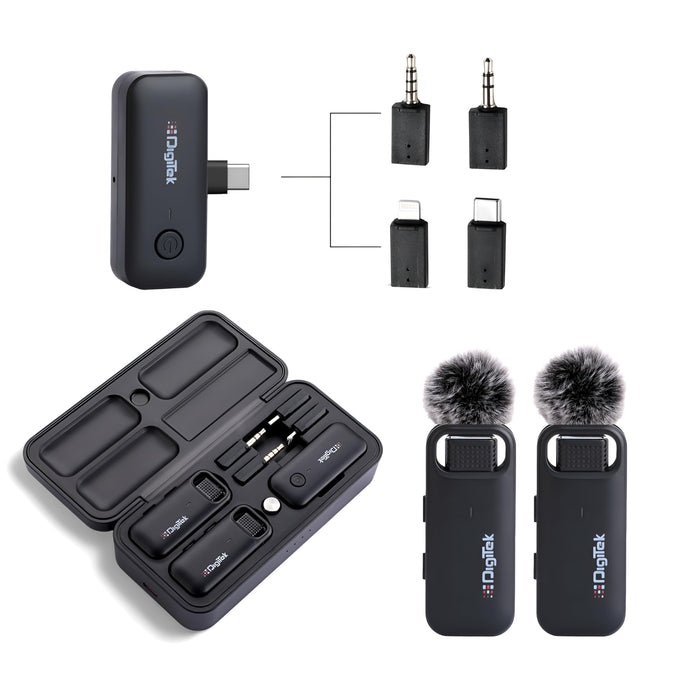 Digitek (DWM 106) 2-in-1 Wireless Microphone System, 80M Range, Noise Cancellation & Reverberation Mode, 360° Sound Capture, Lightning/Type-C/TRRS/TRS Adapter Support for DSLR/Camcorder/Android & iOS (White Color))
