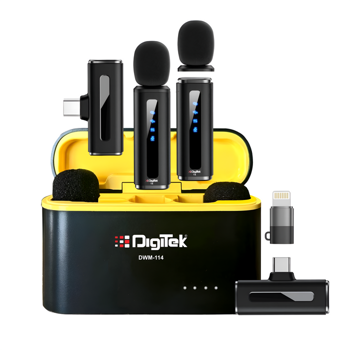 Digitek (DWM 114) 2-in-1 Wireless Microphone, 2.4GHz, 6.6Hr Battery, Noise Reduction, 40m Range, 360° Sound Capture, Plug n Play, iPhone & Android Compatible, for Video Recording, Interview, Vlogging!