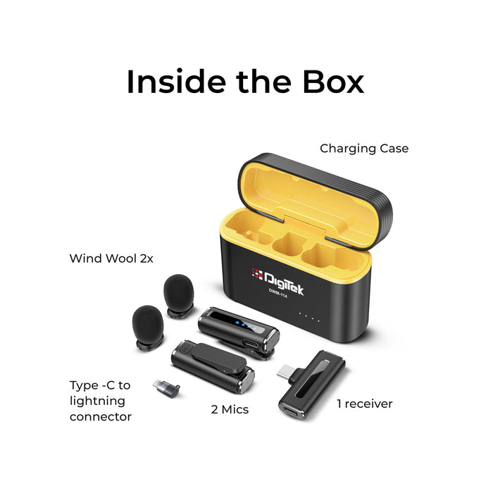 Digitek (DWM 114) 2-in-1 Wireless Microphone, 2.4GHz, 6.6Hr Battery, Noise Reduction, 40m Range, 360° Sound Capture, Plug n Play, iPhone & Android Compatible, for Video Recording, Interview, Vlogging!