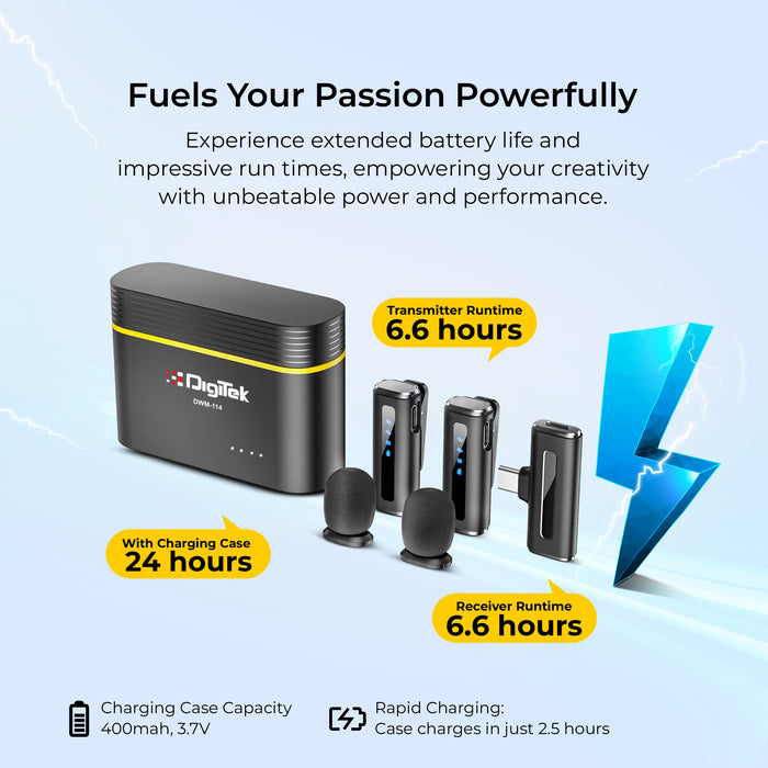 Digitek (DWM 114) 2-in-1 Wireless Microphone, 2.4GHz, 6.6Hr Battery, Noise Reduction, 40m Range, 360° Sound Capture, Plug n Play, iPhone & Android Compatible, for Video Recording, Interview, Vlogging!