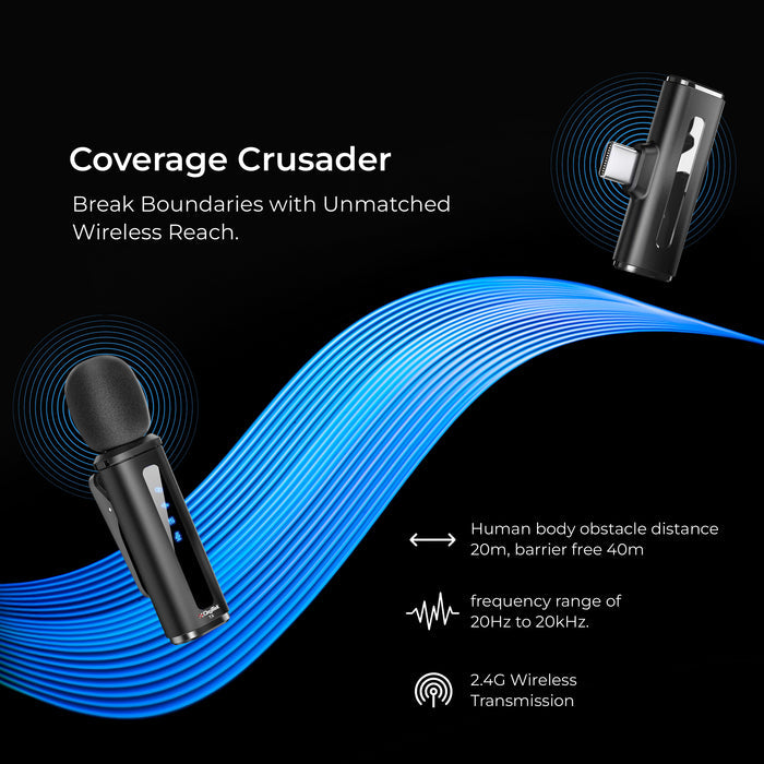 Digitek (DWM 114) 2-in-1 Wireless Microphone, 2.4GHz, 6.6Hr Battery, Noise Reduction, 40m Range, 360° Sound Capture, Plug n Play, iPhone & Android Compatible, for Video Recording, Interview, Vlogging!