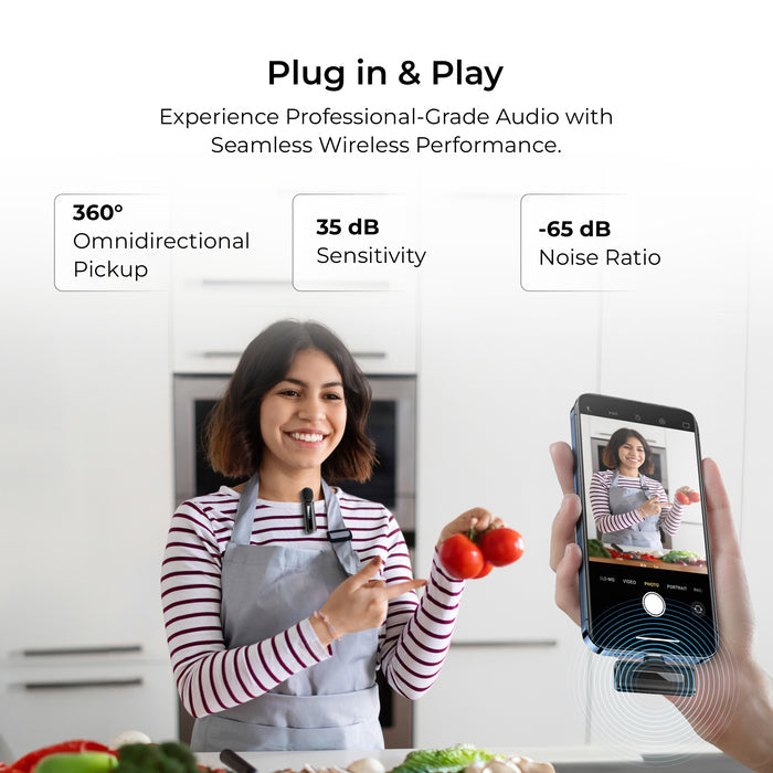 Digitek (DWM 114) 2-in-1 Wireless Microphone, 2.4GHz, 6.6Hr Battery, Noise Reduction, 40m Range, 360° Sound Capture, Plug n Play, iPhone & Android Compatible, for Video Recording, Interview, Vlogging!