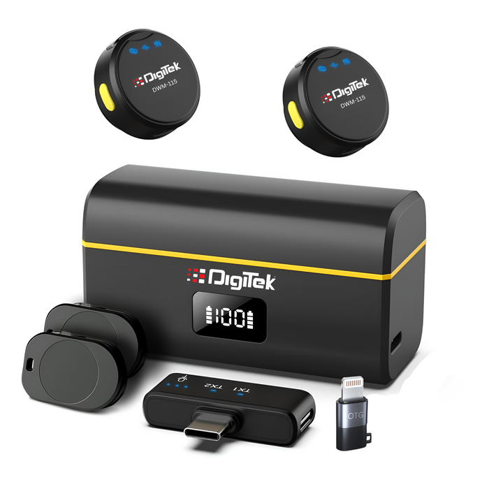 Digitek (DWM 115) 2-in-1 Wireless Microphone, 2.4GHz, Magnetic Clip, Noise Reduction Lavalier Mic, 40m Range, 6Hr Battery, 360° Sound Capture for iOS & Android, Ideal Video Recording, Vlogging, Youtube