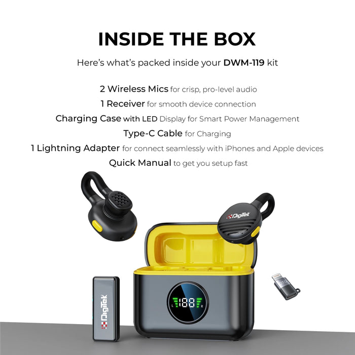 Digitek (DWM 119) 2-in-1 Wireless Microphone,  2.4G Mic with 30m Range, 6Hr Battery, Noise Cancellation & Power Indicator, for iPhone & Android Smartphones, Ideal for Vlogging, Live Streaming & Interviews
